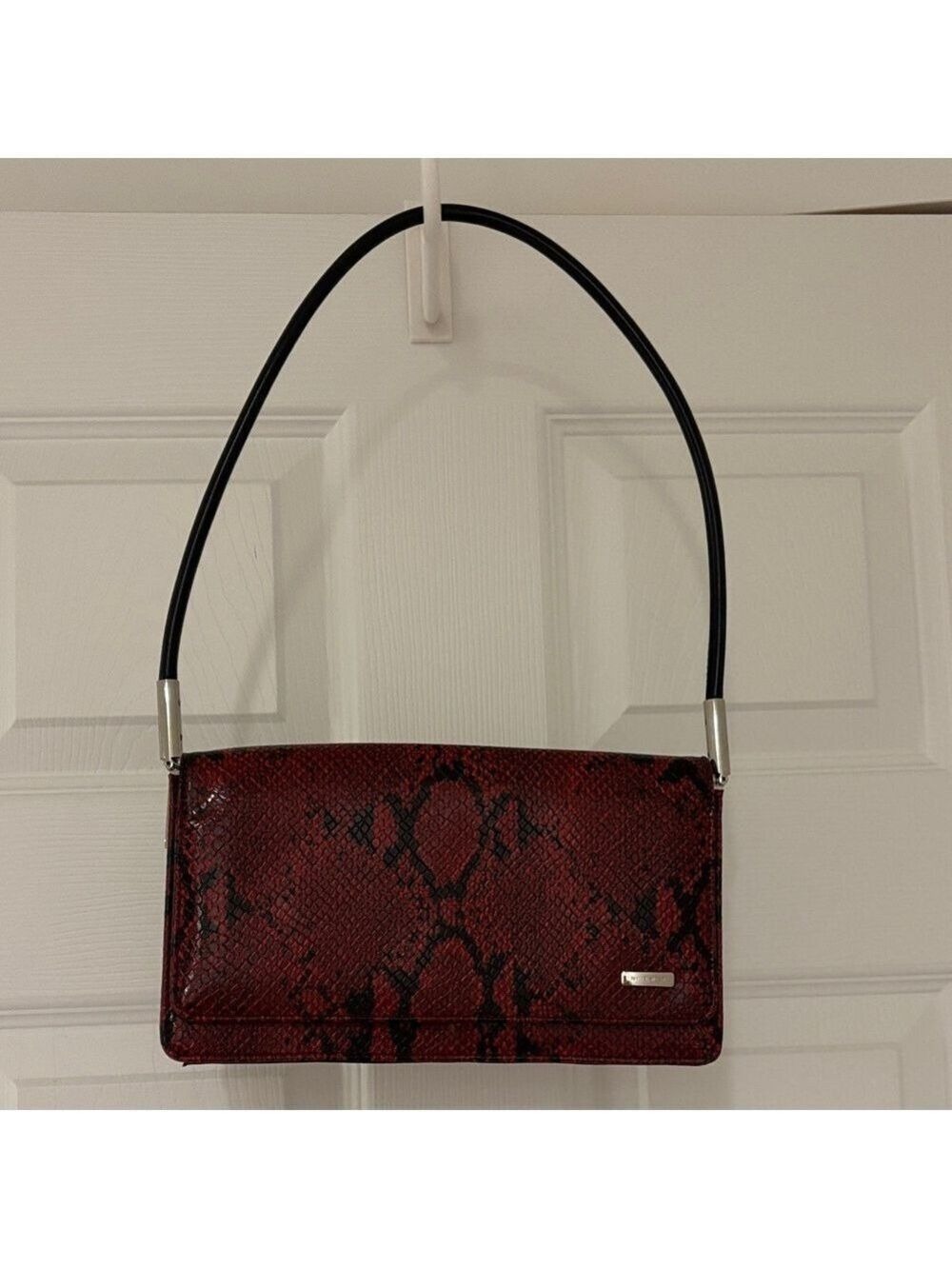 NINE WEST faux snakeskin purse red black shoulder bag multi pockets silver tone